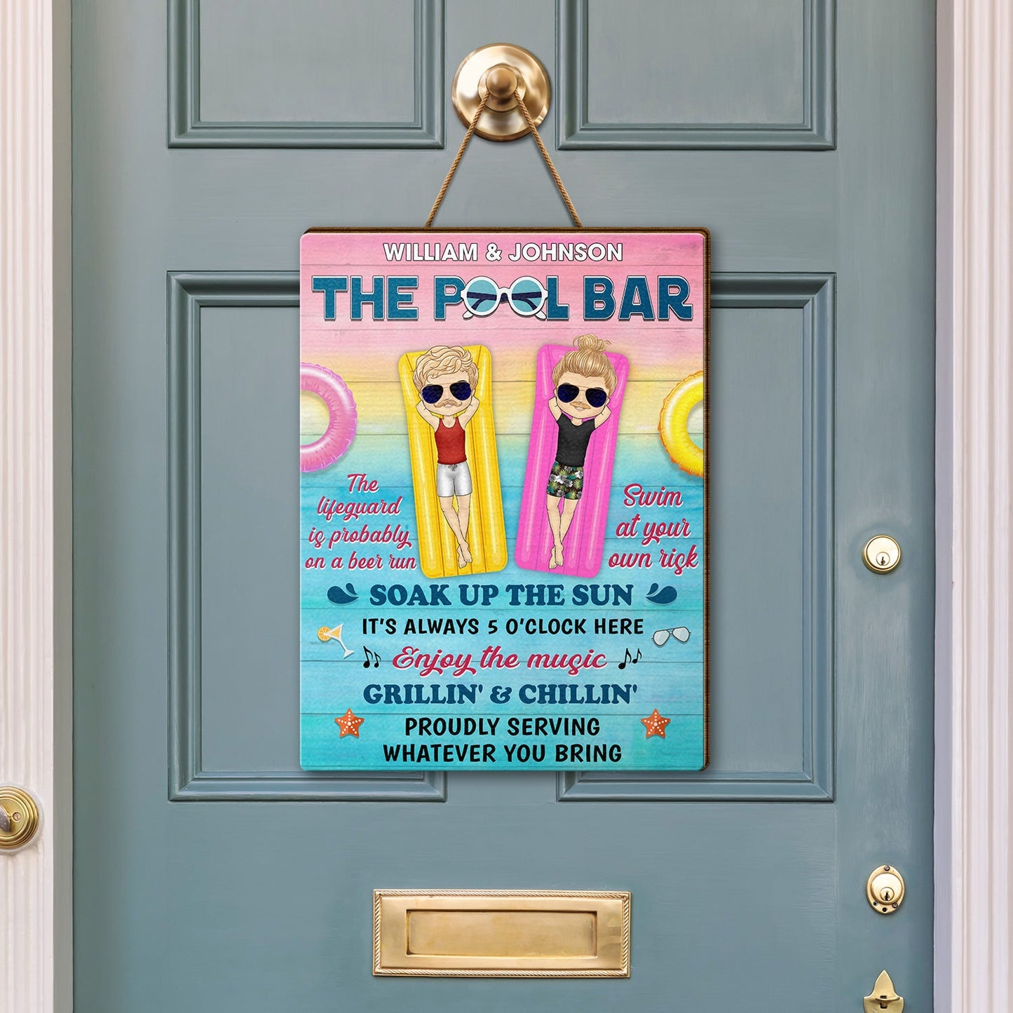 Pool Rules Swim At Your Own Risk Grilling Couple Husband Wife - Pool Sign - Personalized Custom Shaped Wood Sign