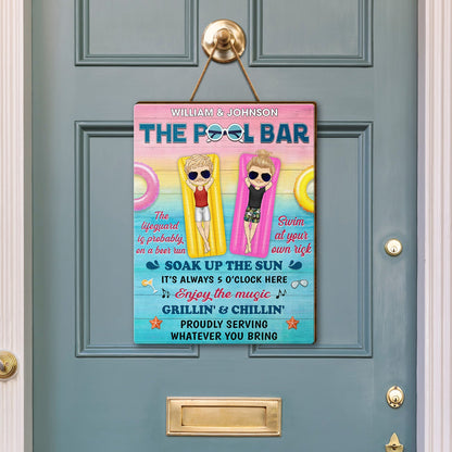 Pool Rules Swim At Your Own Risk Grilling Couple Husband Wife - Pool Sign - Personalized Custom Shaped Wood Sign