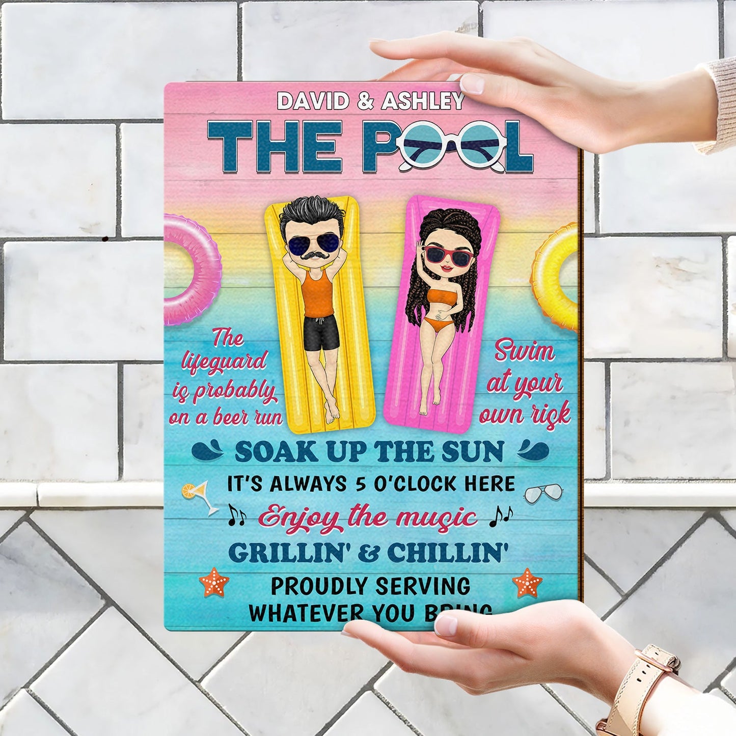 Pool Rules Swim At Your Own Risk Grilling Couple Husband Wife - Pool Sign - Personalized Custom Shaped Wood Sign