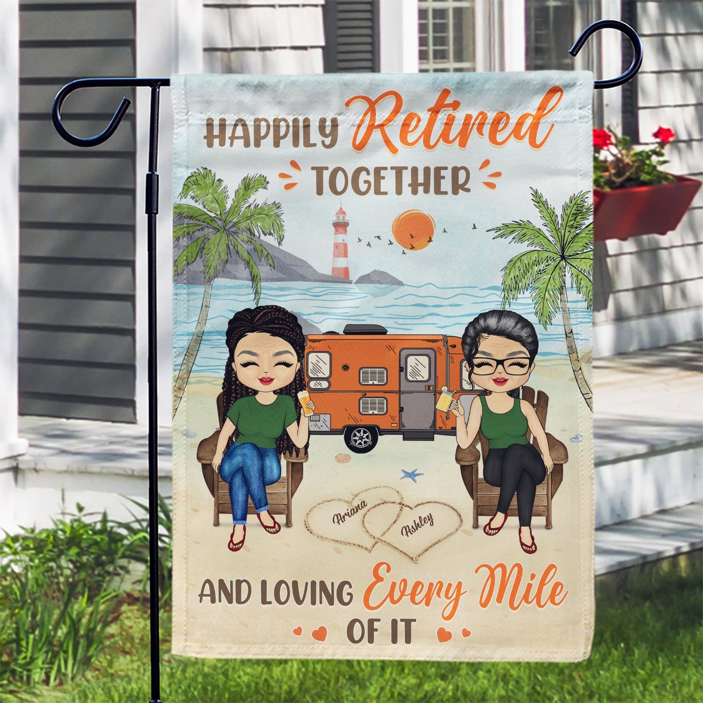 Happily Retired Together And Loving Every Miles Camping Travel - Gift For Couples - Personalized Custom Flag