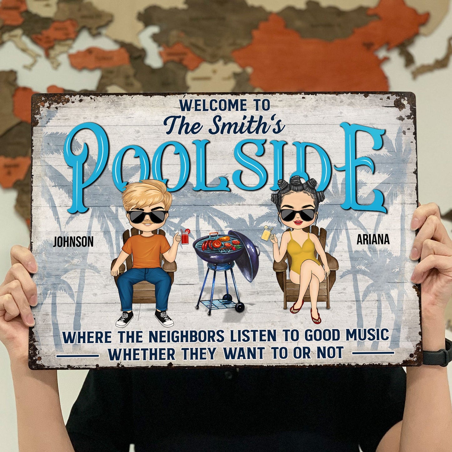 Poolside Where The Neighbor Listen - Gift For Couples - Personalized Custom Classic Metal Signs