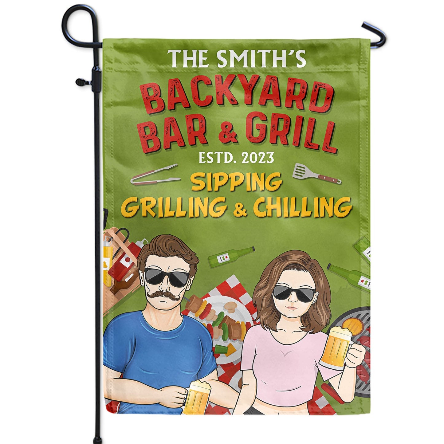 Sipping Grilling & Chilling - Backyard Decoration, Gift For Couples - Personalized Custom Flag