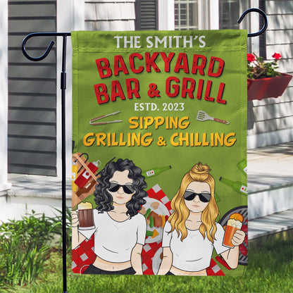 Sipping Grilling & Chilling - Backyard Decoration, Gift For Couples - Personalized Custom Flag