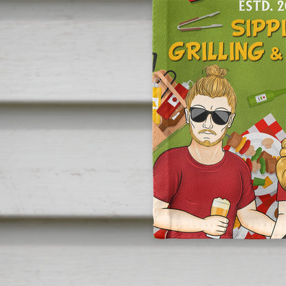 Sipping Grilling & Chilling - Backyard Decoration, Gift For Couples - Personalized Custom Flag