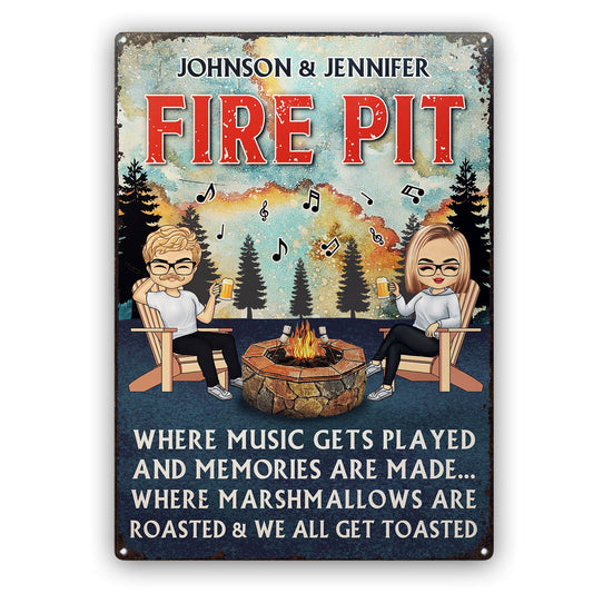 Where Music Gets Played And Memories Are Made Chibi Couple - Fire Pit Patio Garden Backyard Decoration - Personalized Custom Classic Metal Signs