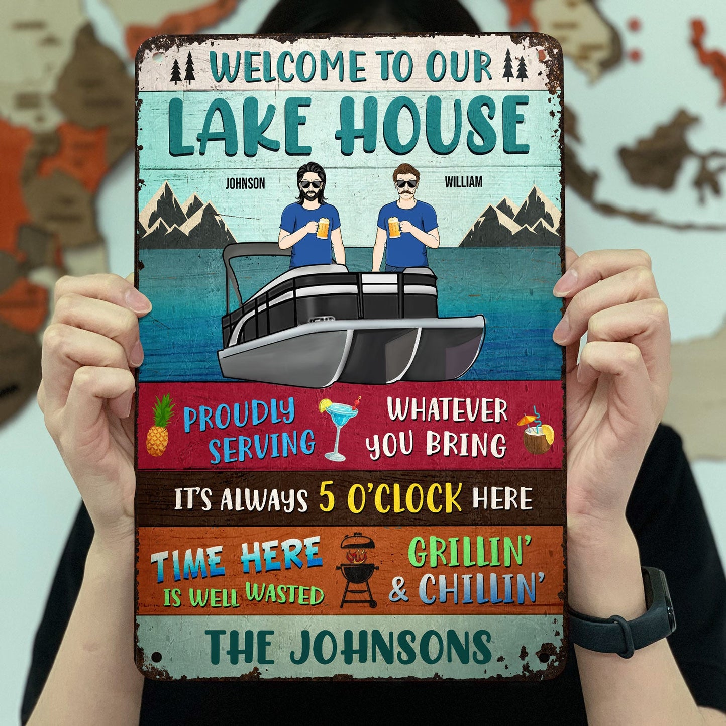 Welcome To Our Lake House Pontoon Time Here Is Well Wasted - Gift For Pontoon Owners - Personalized Custom Classic Metal Signs