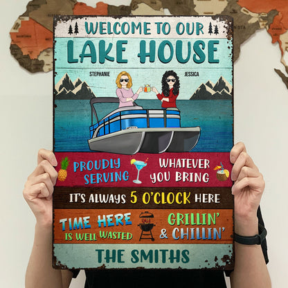 Welcome To Our Lake House Pontoon Time Here Is Well Wasted - Gift For Pontoon Owners - Personalized Custom Classic Metal Signs