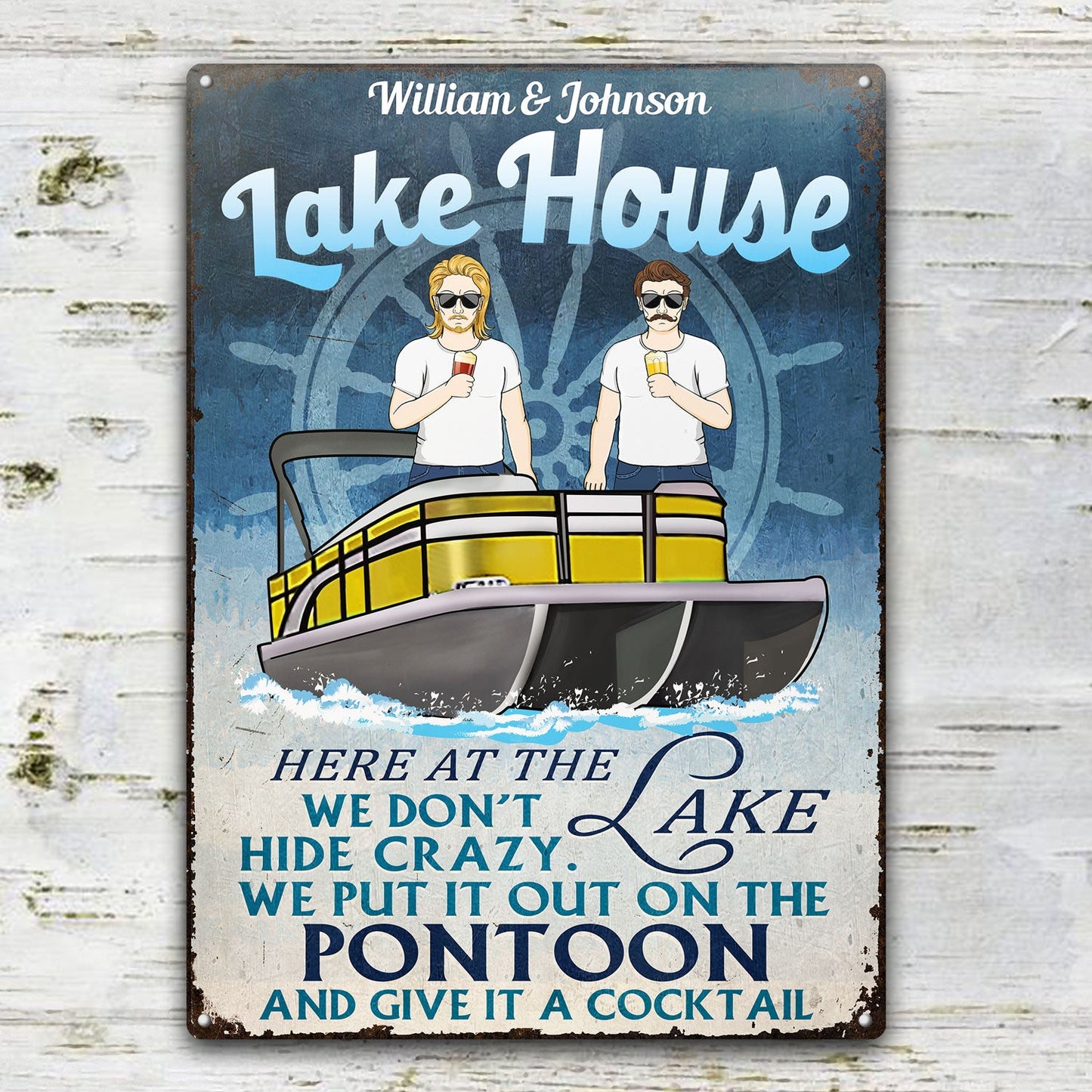 Here At The Lake We Don't Hide Crazy - Gift For Pontoon Lovers - Personalized Custom Classic Metal Signs