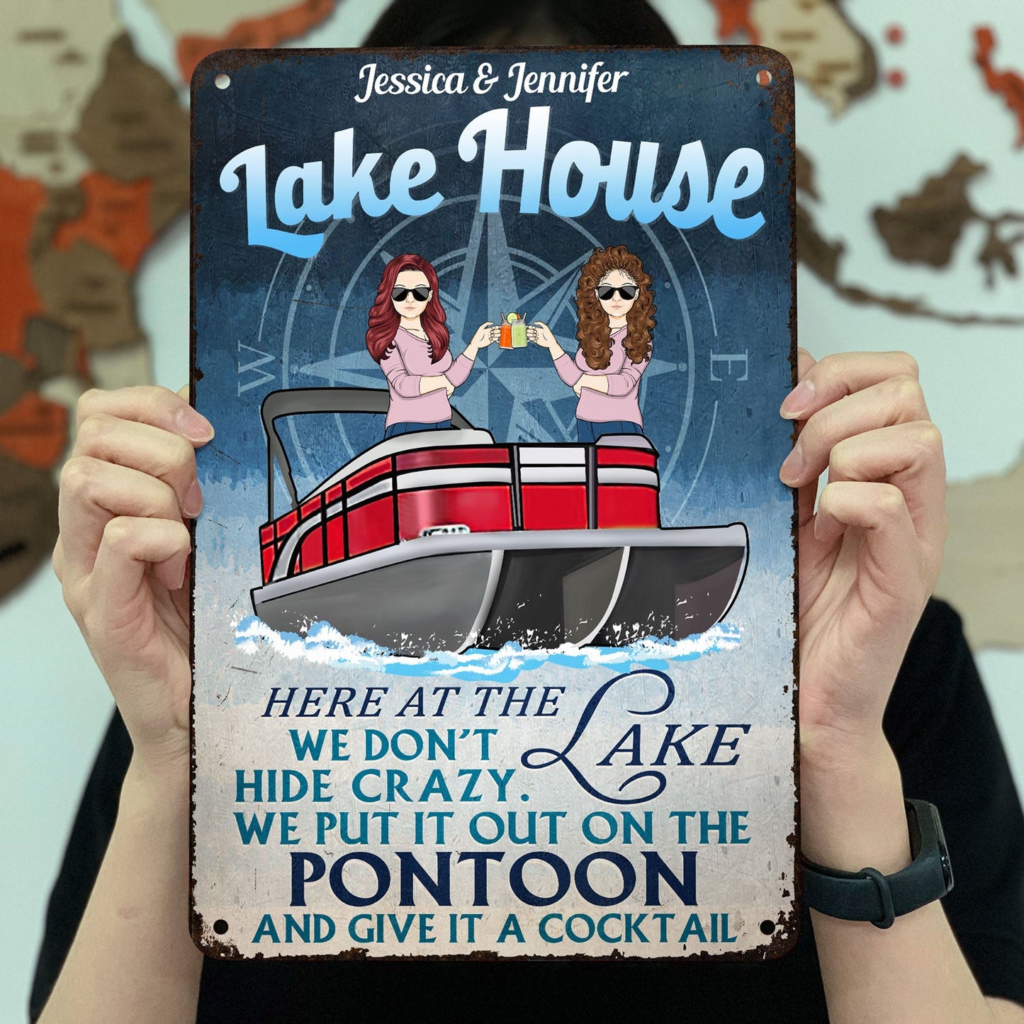 Here At The Lake We Don't Hide Crazy - Gift For Pontoon Lovers - Personalized Custom Classic Metal Signs