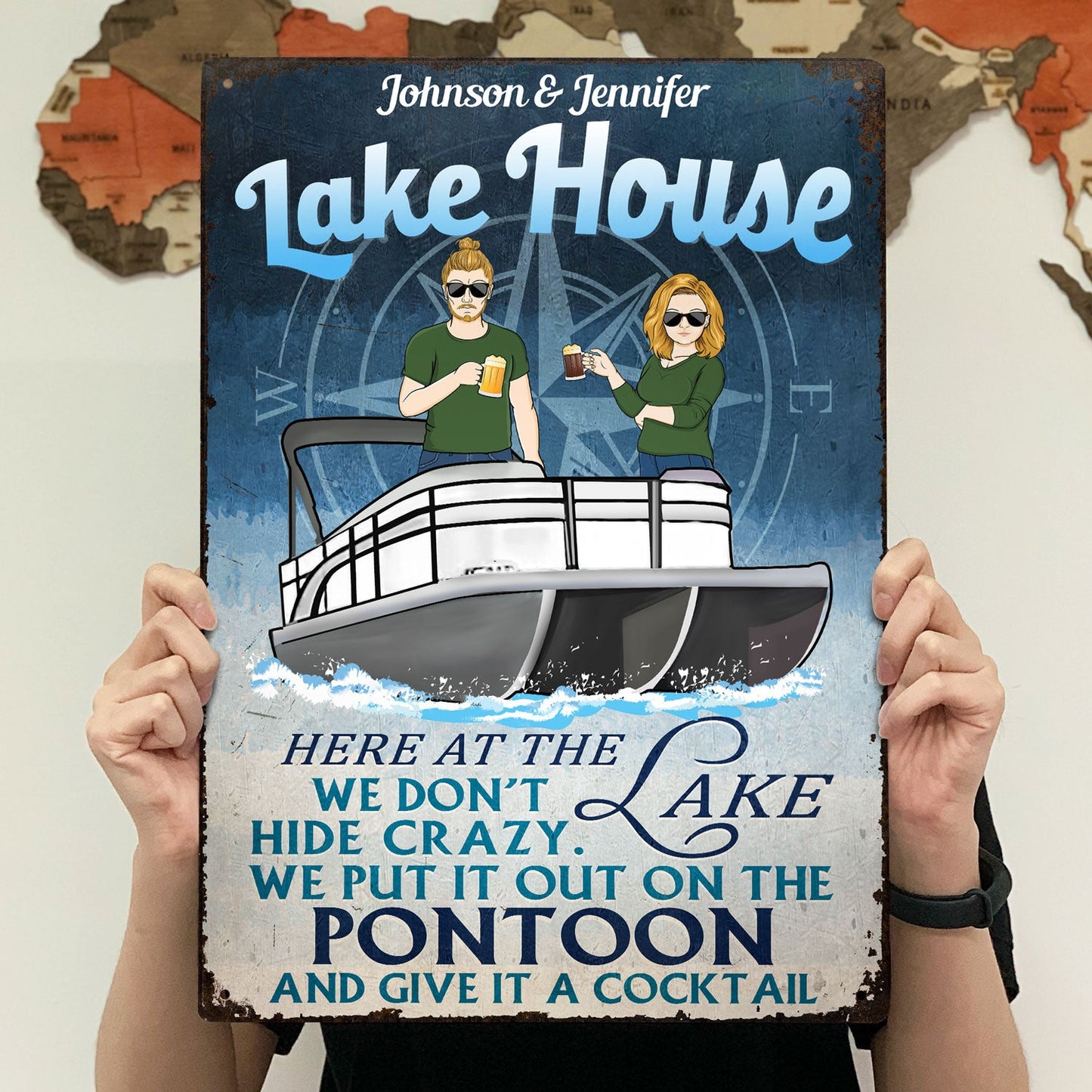 Here At The Lake We Don't Hide Crazy - Gift For Pontoon Lovers - Personalized Custom Classic Metal Signs