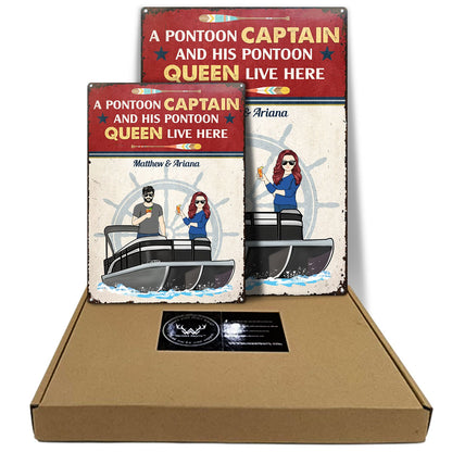 Pontoon Captain & Pontoon Queen Live Here - Gift For Pontoon Owner - Personalized Classic Metal Signs