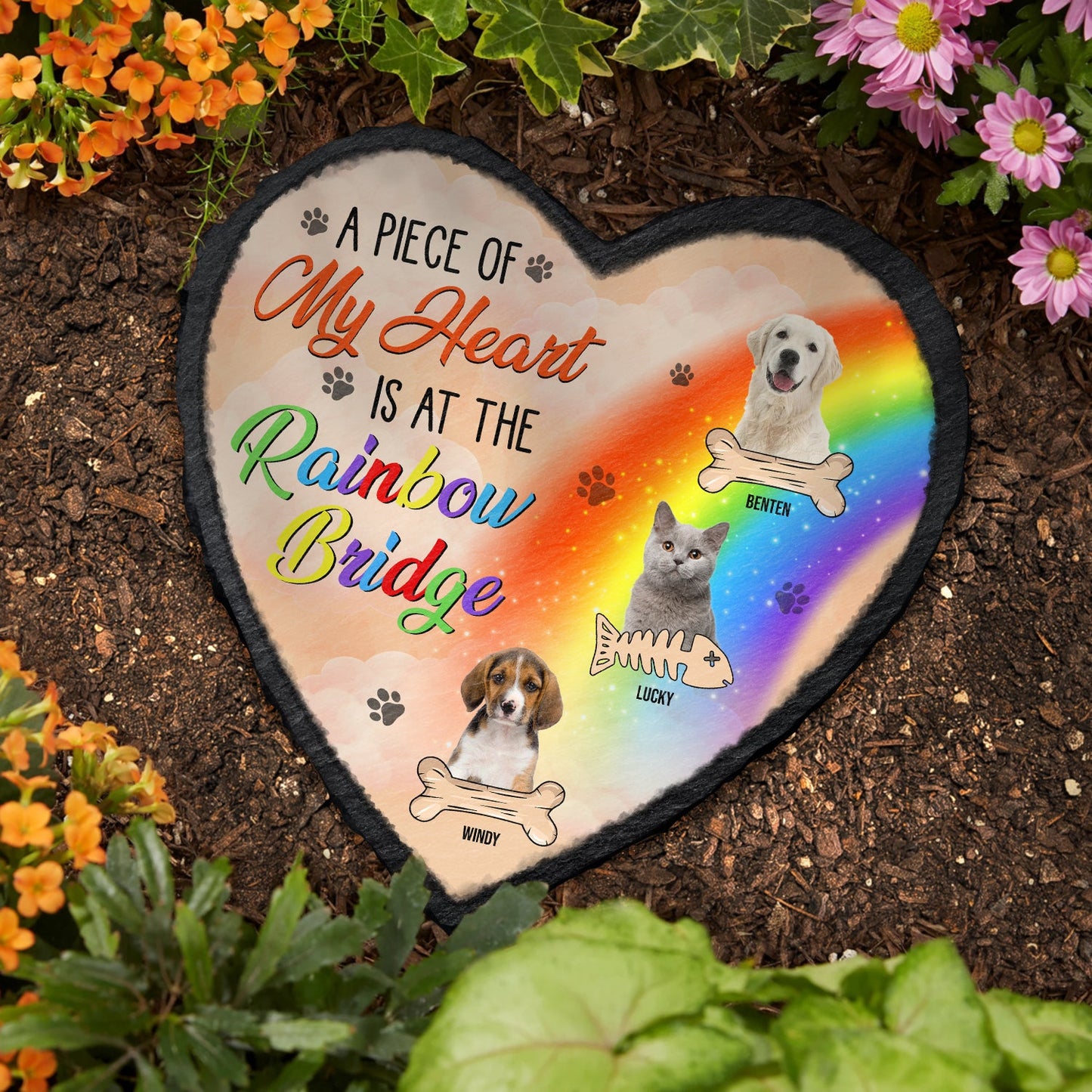 Custom Photo A Piece Of My Heart Is At The Rainbow Bridge - Dog Memorial Gift - Personalized Heart Memorial Garden Stone