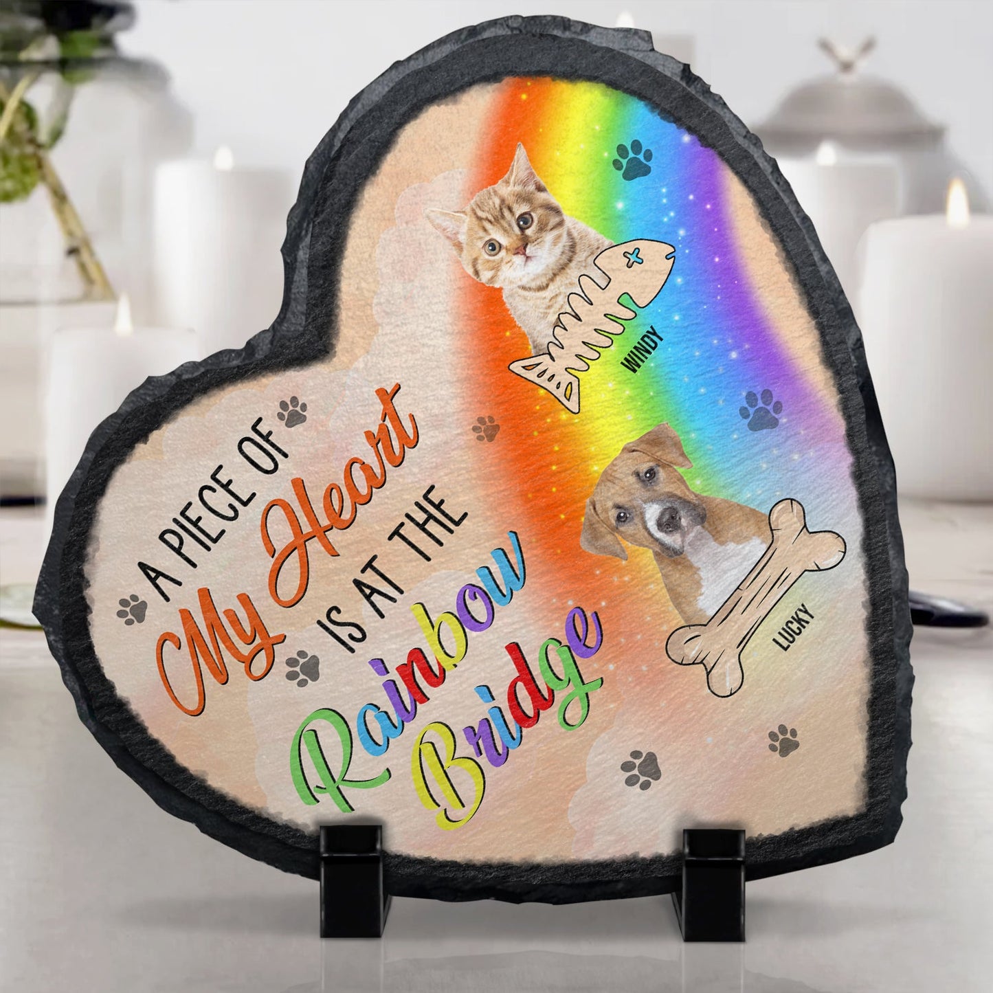 Custom Photo A Piece Of My Heart Is At The Rainbow Bridge - Dog Memorial Gift - Personalized Heart Memorial Garden Stone