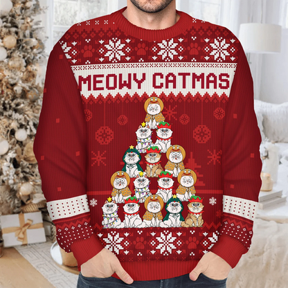 Meowy Catmas Christmas Tree Cartoon Style - Gift For Cat Lovers - Personalized Unisex Ugly Sweater