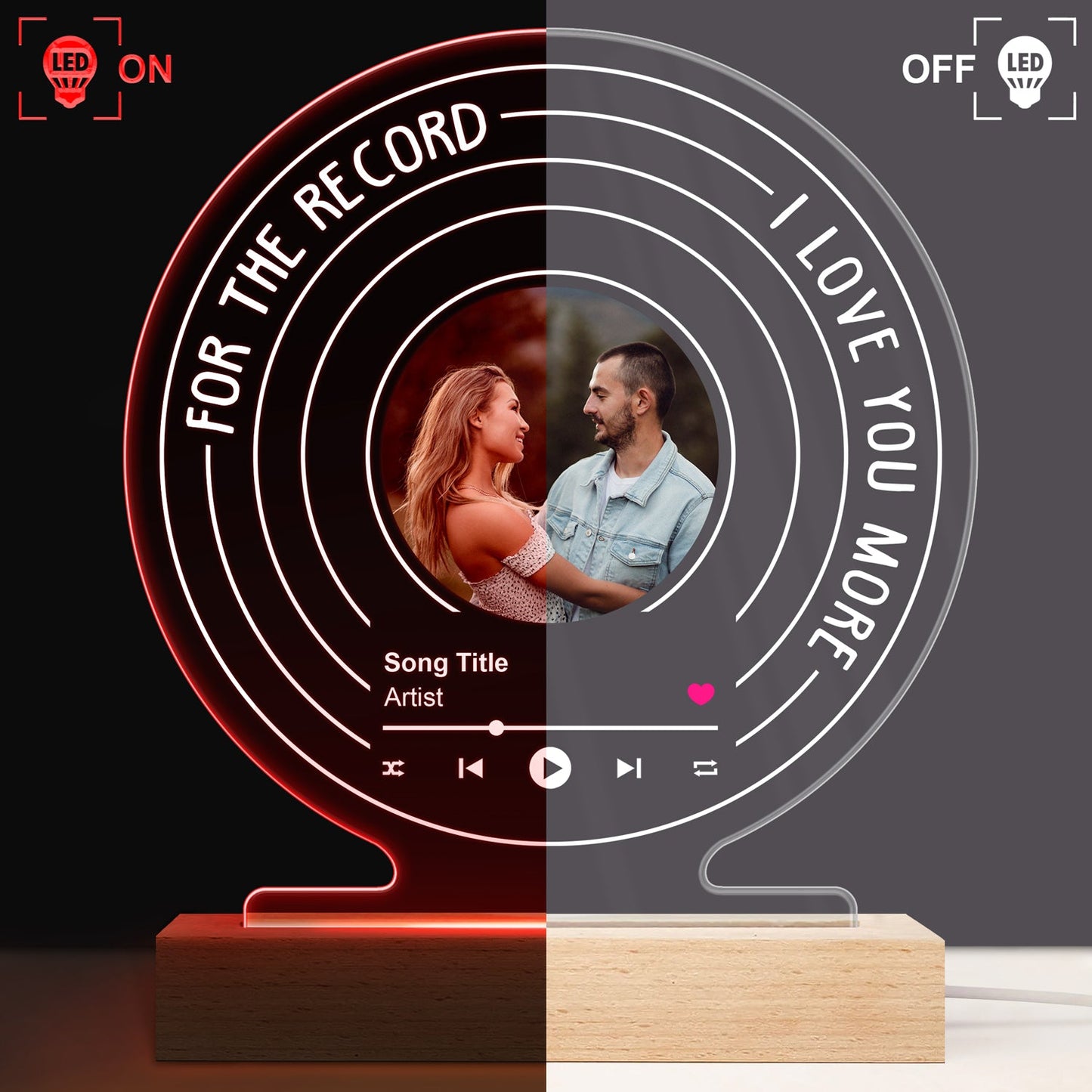 Custom Photo For The Record - Gift For Couples - Personalized 3D Led Light Wooden Base