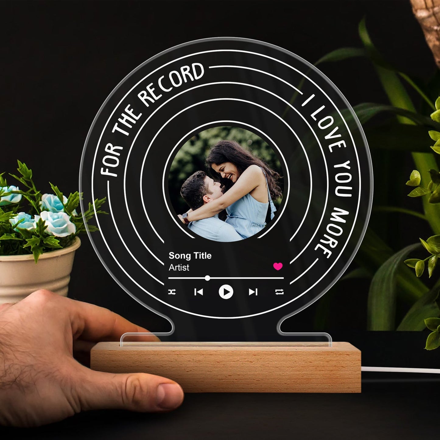 Custom Photo For The Record - Gift For Couples - Personalized 3D Led Light Wooden Base