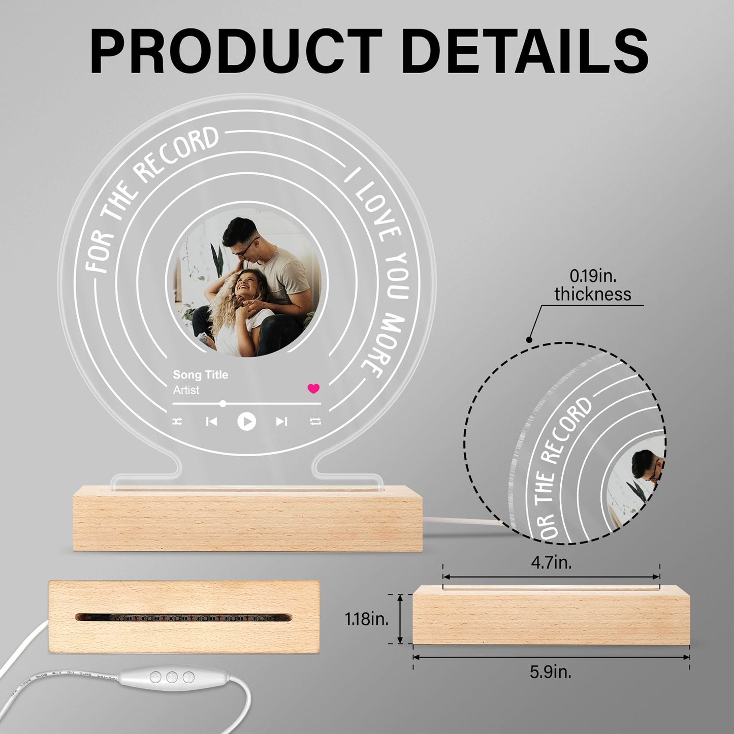Custom Photo For The Record - Gift For Couples - Personalized 3D Led Light Wooden Base