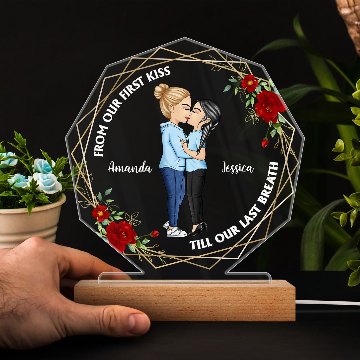 From Our First Kiss Till Our Last Breath - Gift For Couples - Personalized 3D Led Light Wooden Base