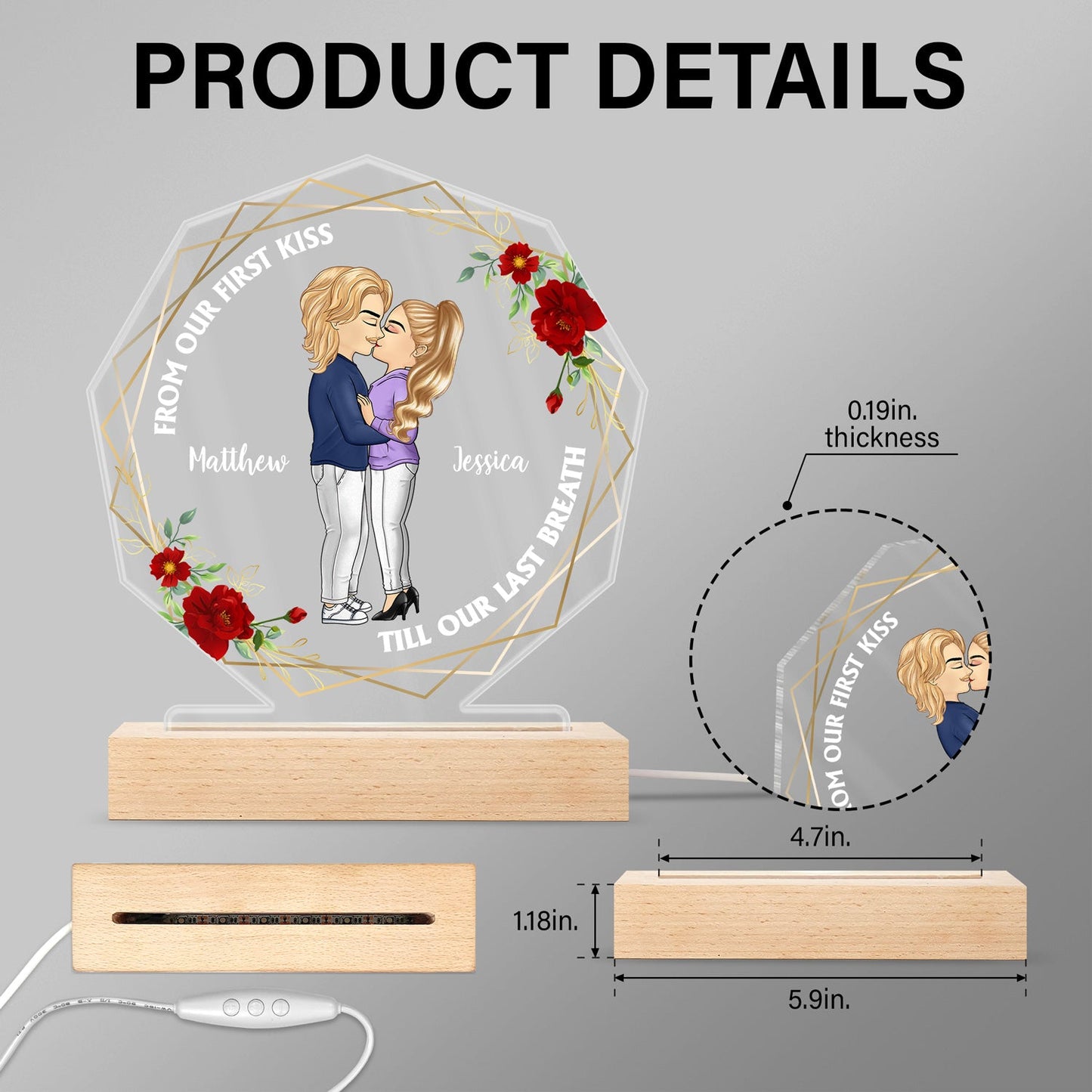 From Our First Kiss Till Our Last Breath - Gift For Couples - Personalized 3D Led Light Wooden Base
