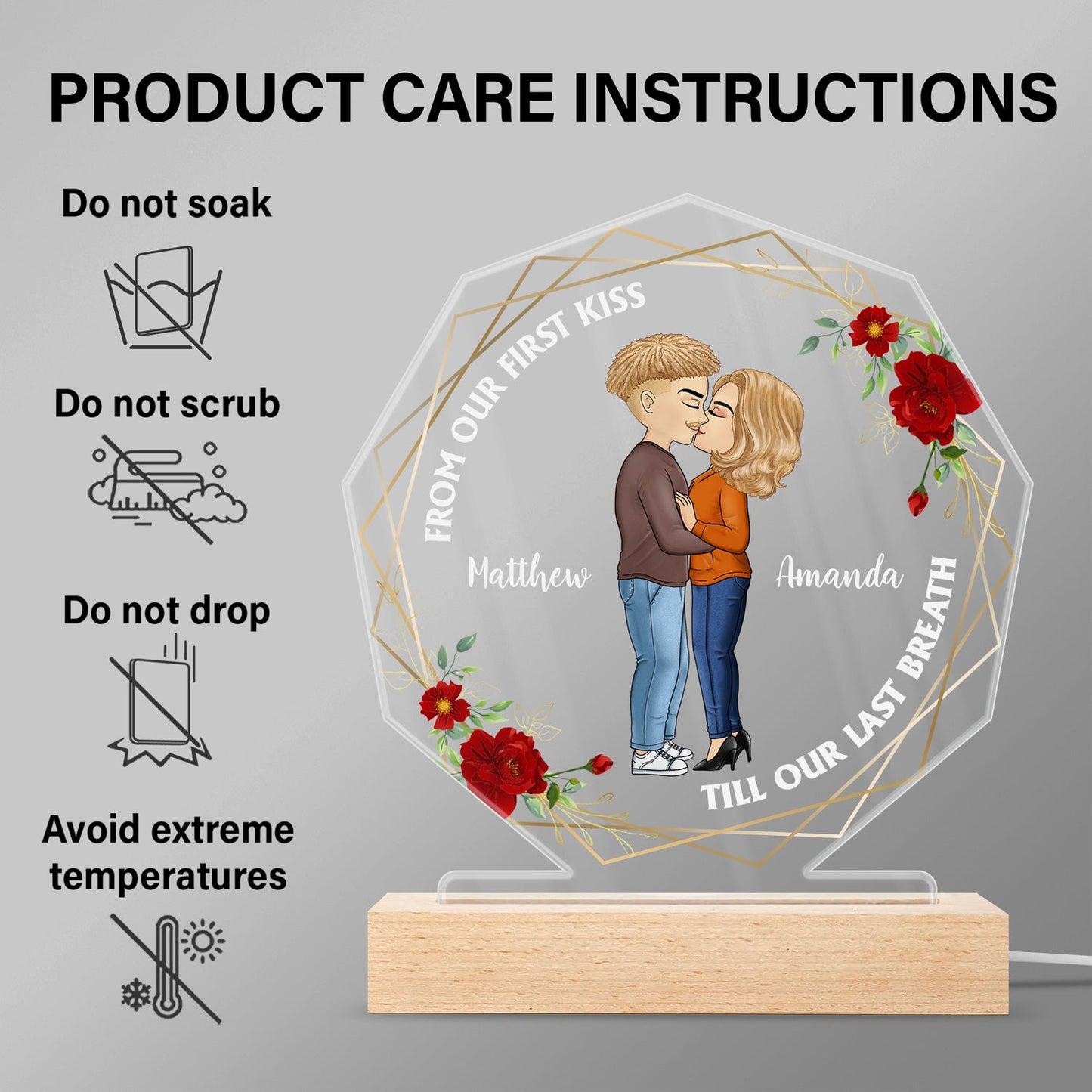 From Our First Kiss Till Our Last Breath - Gift For Couples - Personalized 3D Led Light Wooden Base