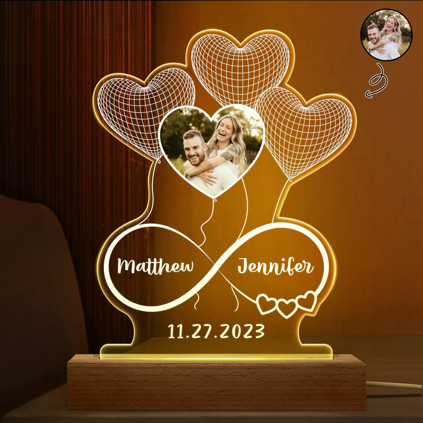 Custom Photo Infinity Hearts - Loving, Anniversary Gift For Couples, Spouse, Lover, Wife, Husband, Girlfriend, Boyfriend - Personalized 3D Led Light Wooden Base