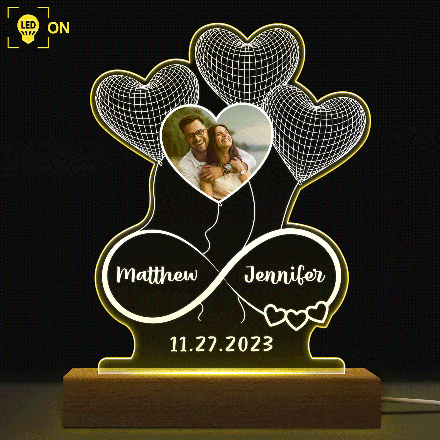 Custom Photo Infinity Hearts - Loving, Anniversary Gift For Couples, Spouse, Lover, Wife, Husband, Girlfriend, Boyfriend - Personalized 3D Led Light Wooden Base
