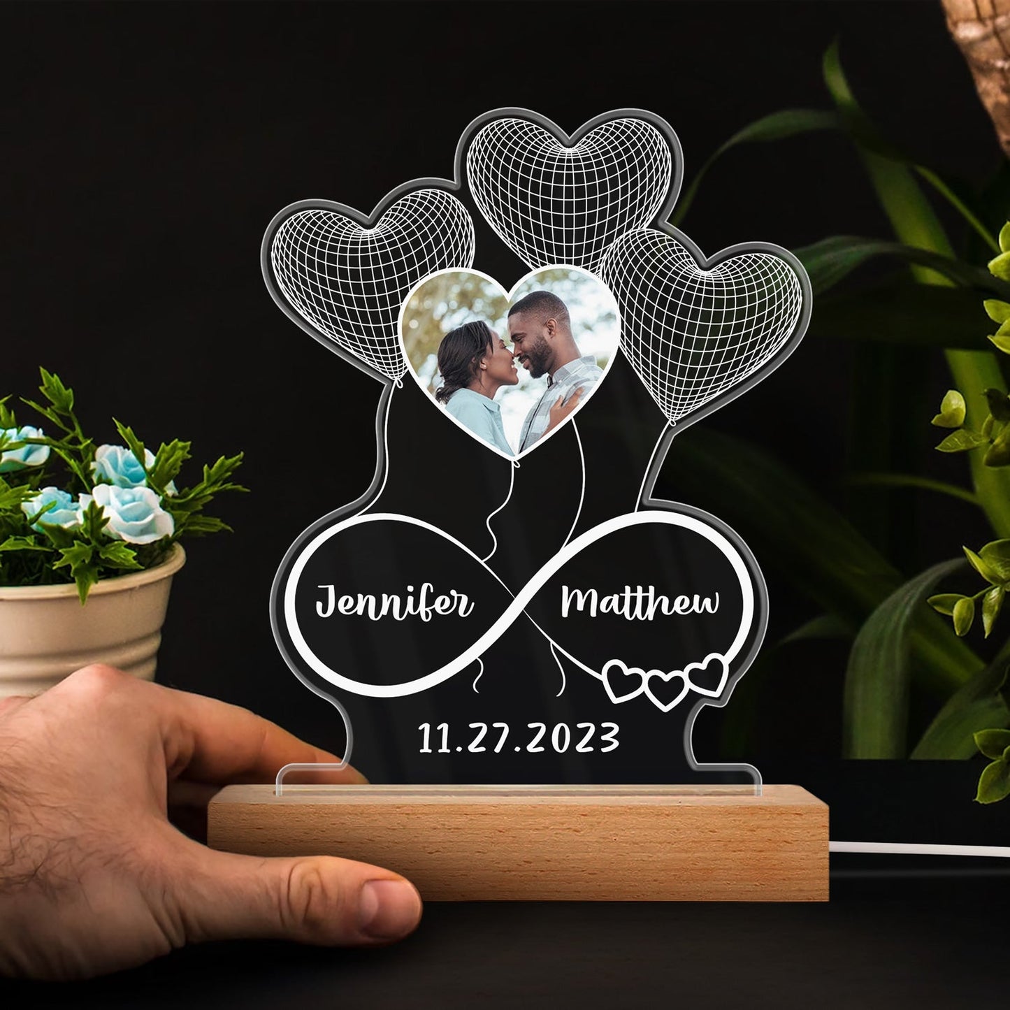 Custom Photo Infinity Hearts - Loving, Anniversary Gift For Couples, Spouse, Lover, Wife, Husband, Girlfriend, Boyfriend - Personalized 3D Led Light Wooden Base