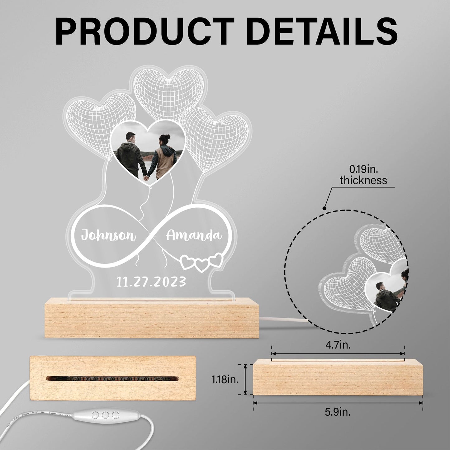 Custom Photo Infinity Hearts - Loving, Anniversary Gift For Couples, Spouse, Lover, Wife, Husband, Girlfriend, Boyfriend - Personalized 3D Led Light Wooden Base