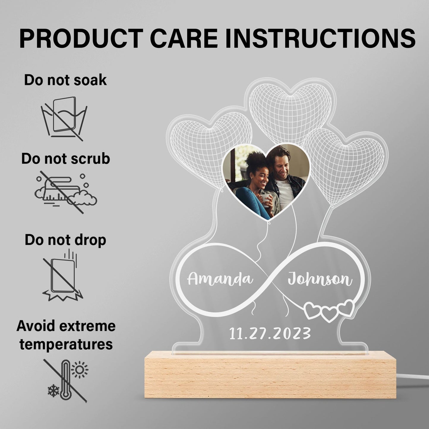 Custom Photo Infinity Hearts - Loving, Anniversary Gift For Couples, Spouse, Lover, Wife, Husband, Girlfriend, Boyfriend - Personalized 3D Led Light Wooden Base