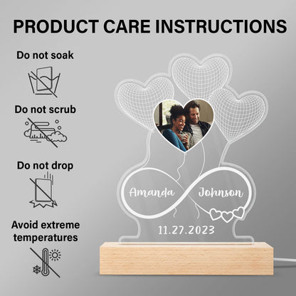 Custom Photo Infinity Hearts - Loving, Anniversary Gift For Couples, Spouse, Lover, Wife, Husband, Girlfriend, Boyfriend - Personalized 3D Led Light Wooden Base