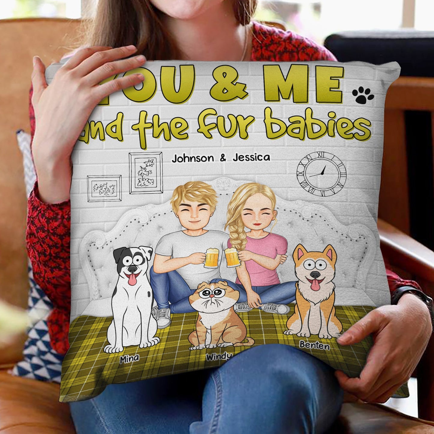 You And Me And The Dog Plaid - Gift For Pet Lovers - Personalized Pillow