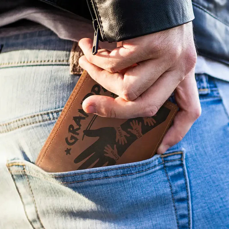 Dad Papa Grandpa Hand In Hand No Matter How Big We Get - Personalized Engraved Leather Wallet