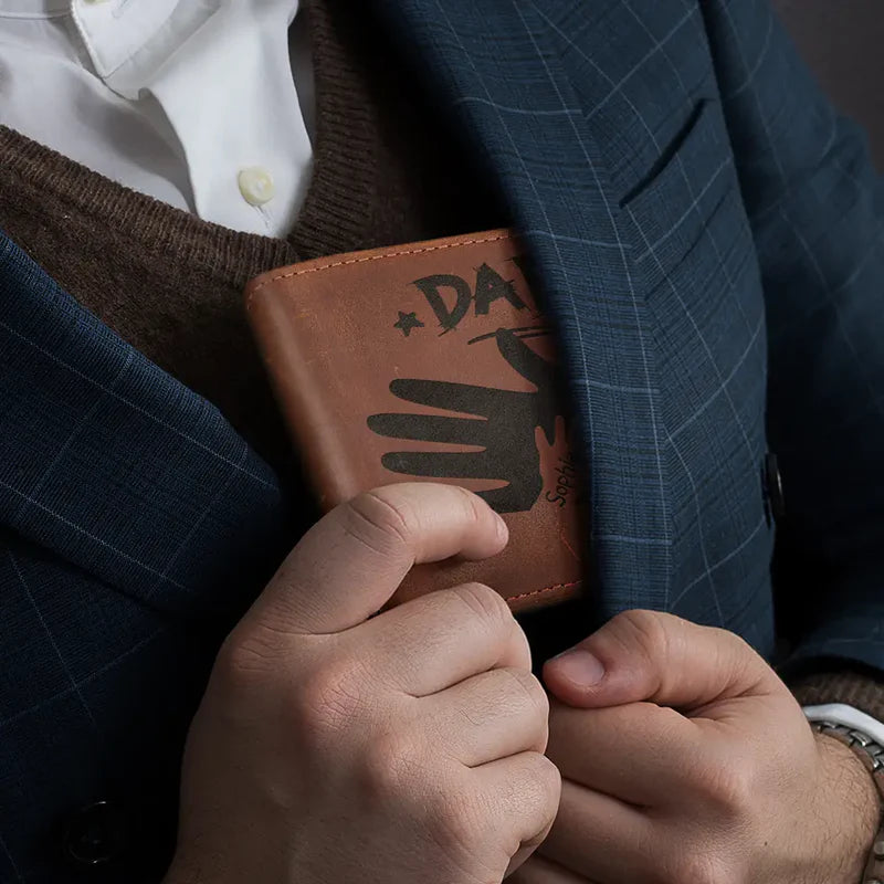 Dad Papa Grandpa Hand In Hand No Matter How Big We Get - Personalized Engraved Leather Wallet