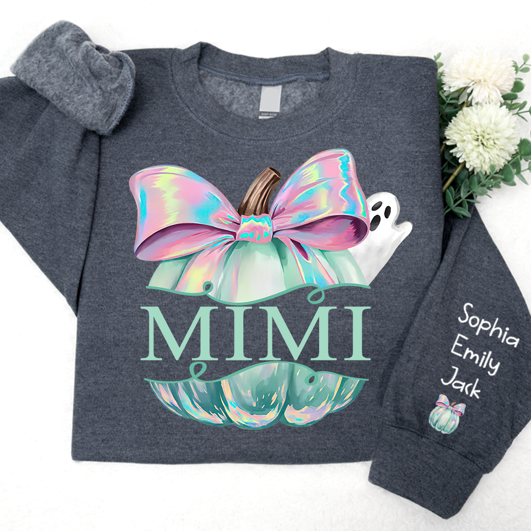 Personalized Mimi Pumpkin Iridescent Peeking Ghost With Grandkids Halloween Sweatshirt