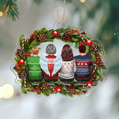 Family Sitting Back View Holly Branch Memorial Personalized Acrylic Ornament, Sympathy Gifts
