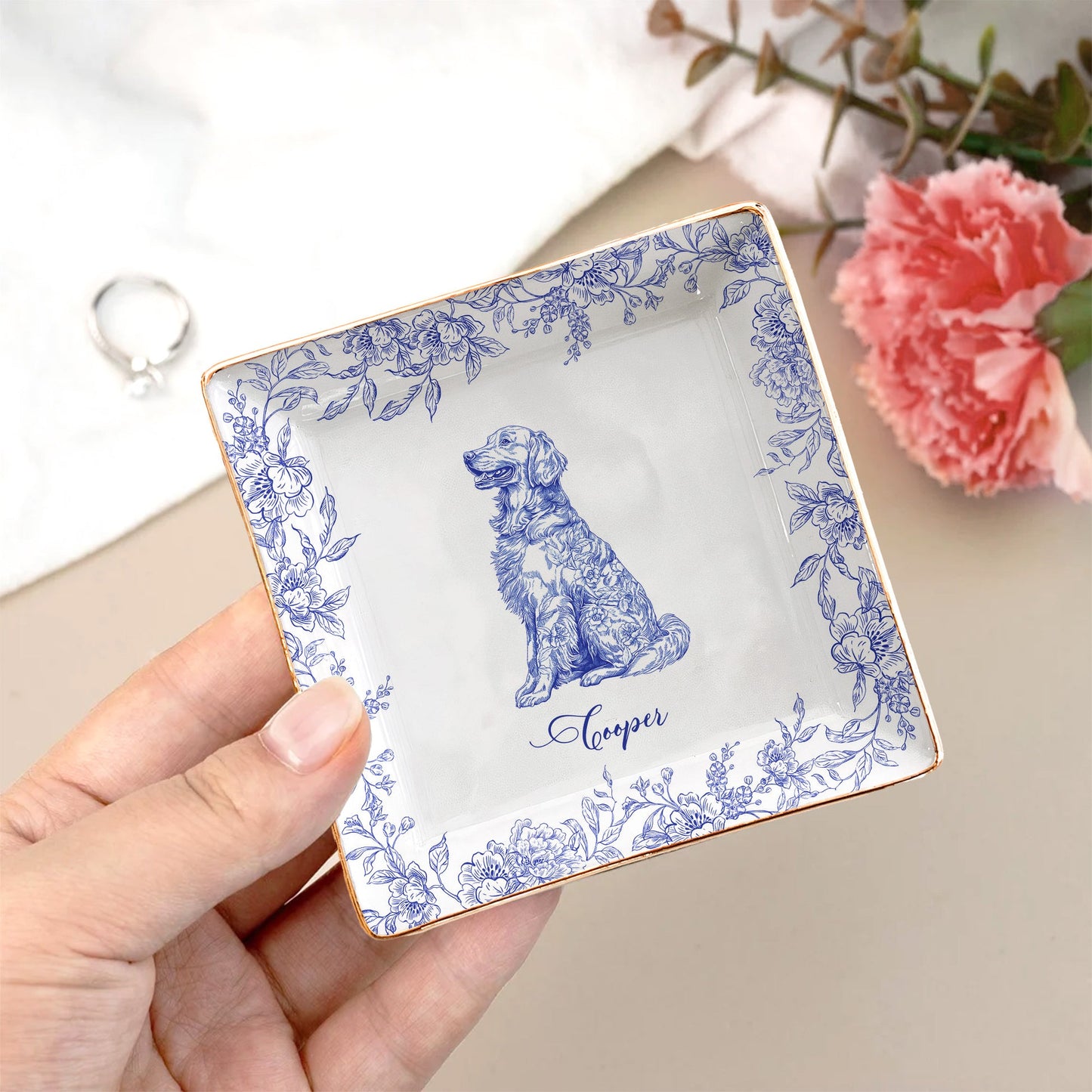 Dog Lover Gift Dog Breeds Chinoiserie Toile De Jouy Style - Personalized Jewelry Dish