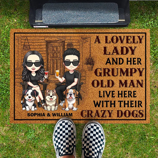 Dog Lovers - A Lovely Lady And A Grumpy Old Man Live Here - Personalized Doormat
