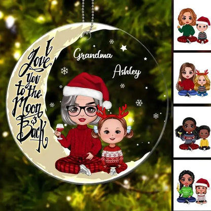 Doll Grandma & Grandkids On Yellow Moon Snow Personalized Acrylic Ornament ornament The Next Custom Gift