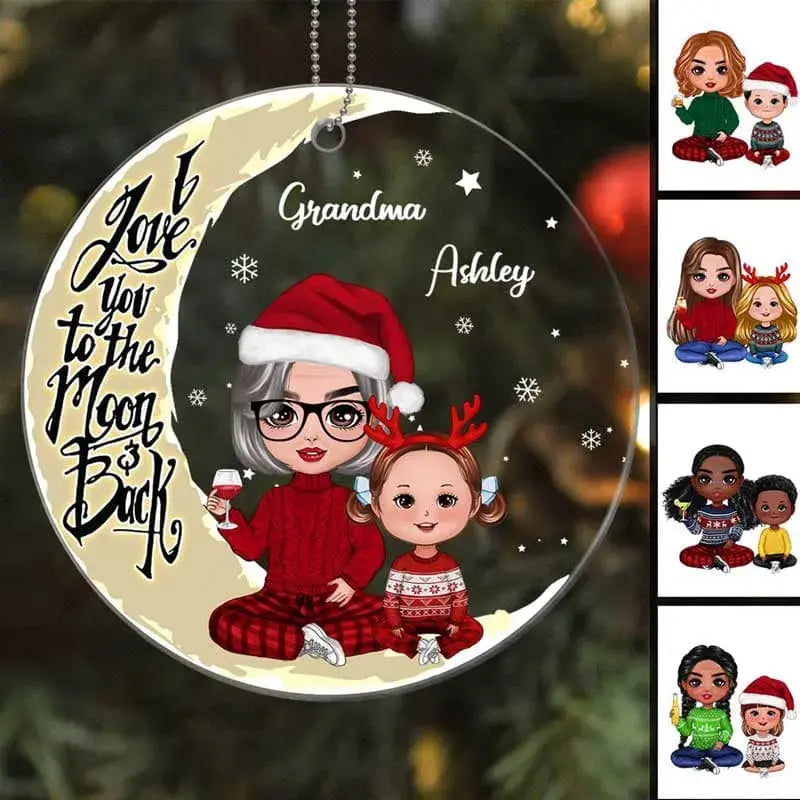 Doll Grandma & Grandkids On Yellow Moon Snow Personalized Acrylic Ornament ornament The Next Custom Gift