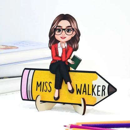 Doll Teacher Sitting On Pencil Personalized 2-Layer Wooden Plaque, Office Decor for Teacher Wooden Plaque The Next Custom Gift