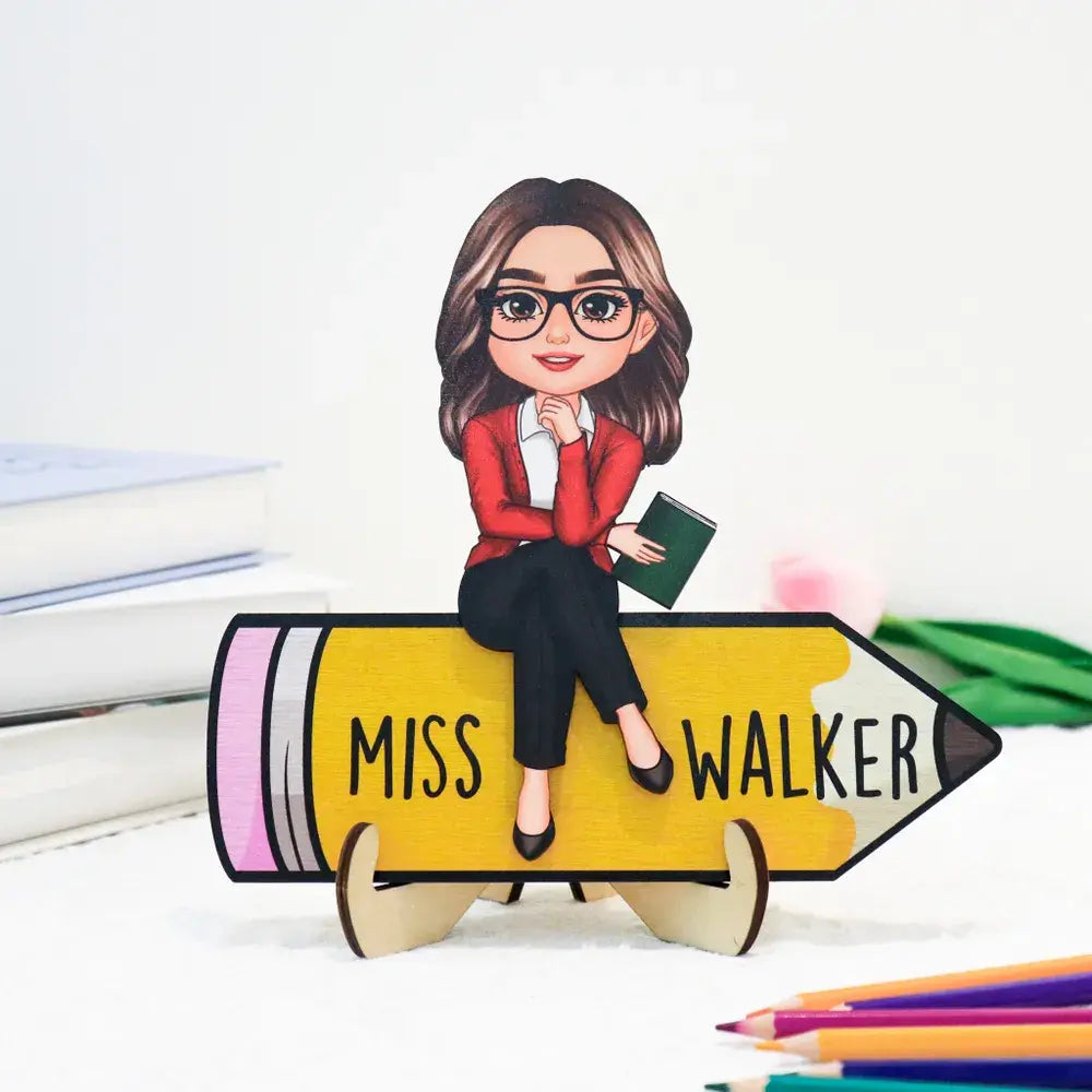 Doll Teacher Sitting On Pencil Personalized 2-Layer Wooden Plaque, Office Decor for Teacher Wooden Plaque The Next Custom Gift