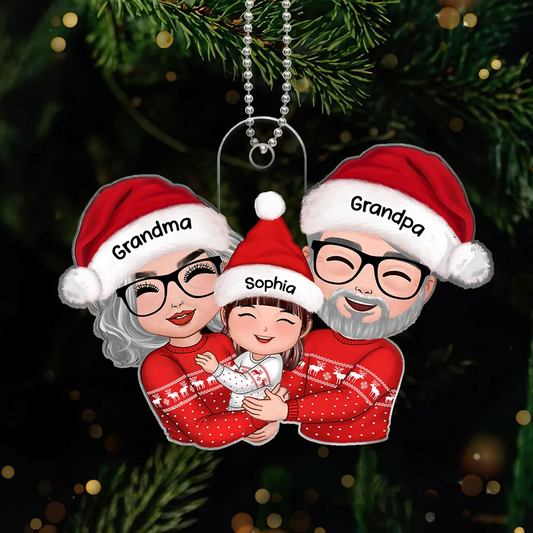 Doll Grandma Grandpa Hugging Kid - Personalized Acrylic Ornament