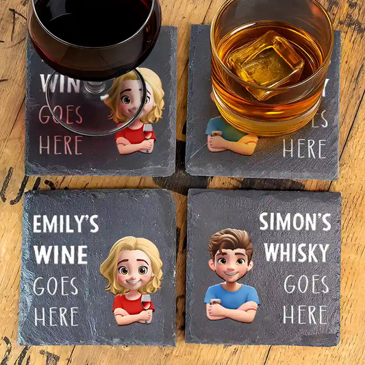 Drink Goes Here 3D Effect Couple - Personalized Slate Coaster