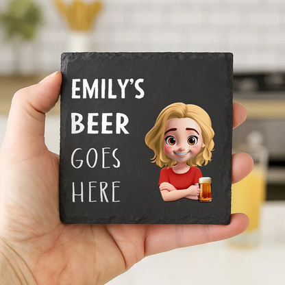 Drink Goes Here 3D Effect Couple - Personalized Slate Coaster