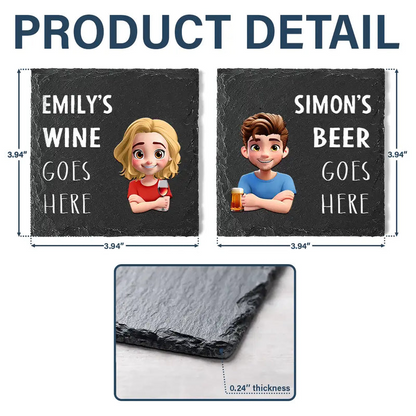 Drink Goes Here 3D Effect Couple - Personalized Slate Coaster