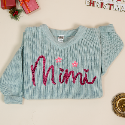 Custom Hand-Embroidered Knitted Sweater - Personalized Name Sweater for Grandma, Mimi, or Nana - Soft and Cozy Gift for Grandparents