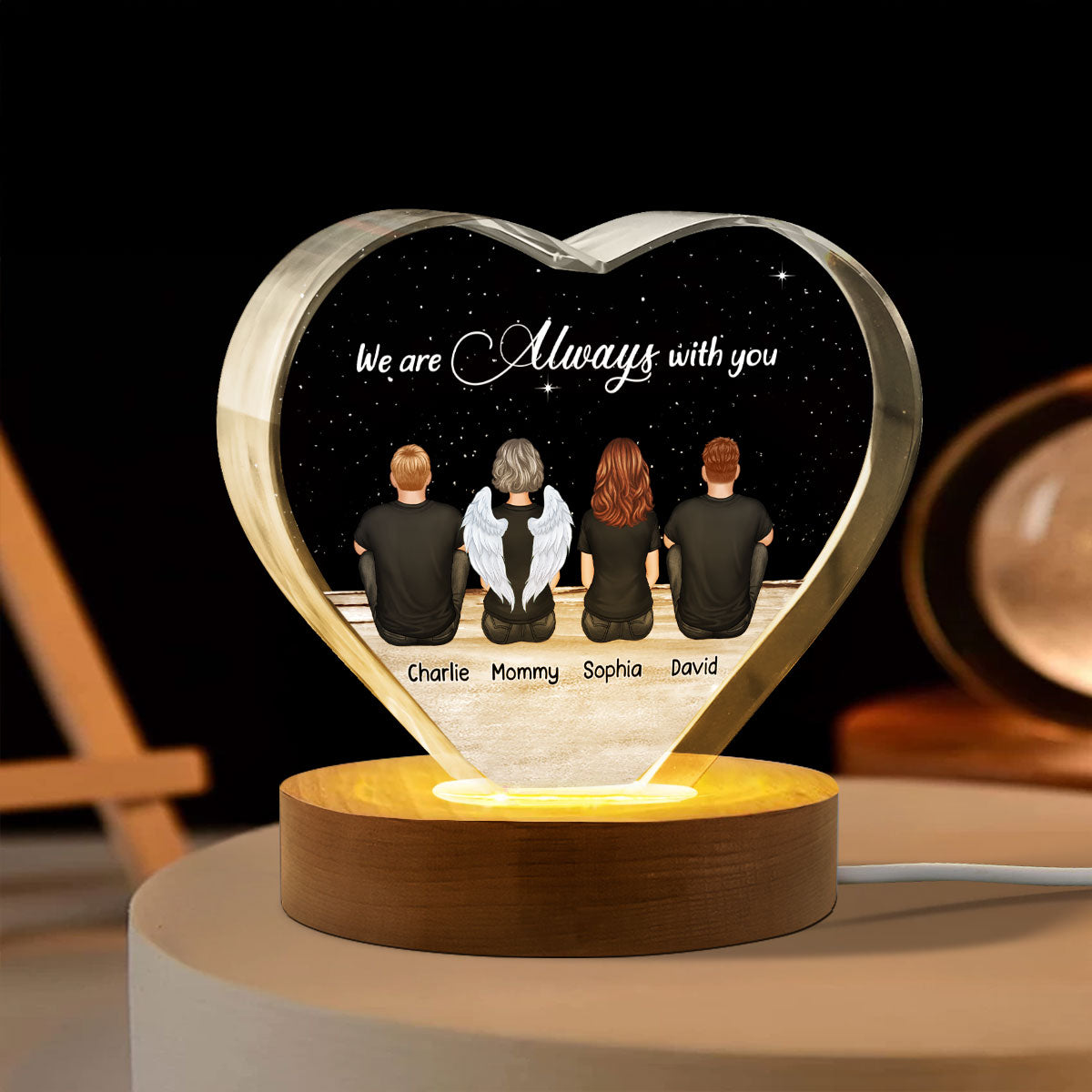 Always With You Sky Family Members, Memorial Personalized Premium Crystal Heart LED, Sympathy Gift, Free Delivery Included