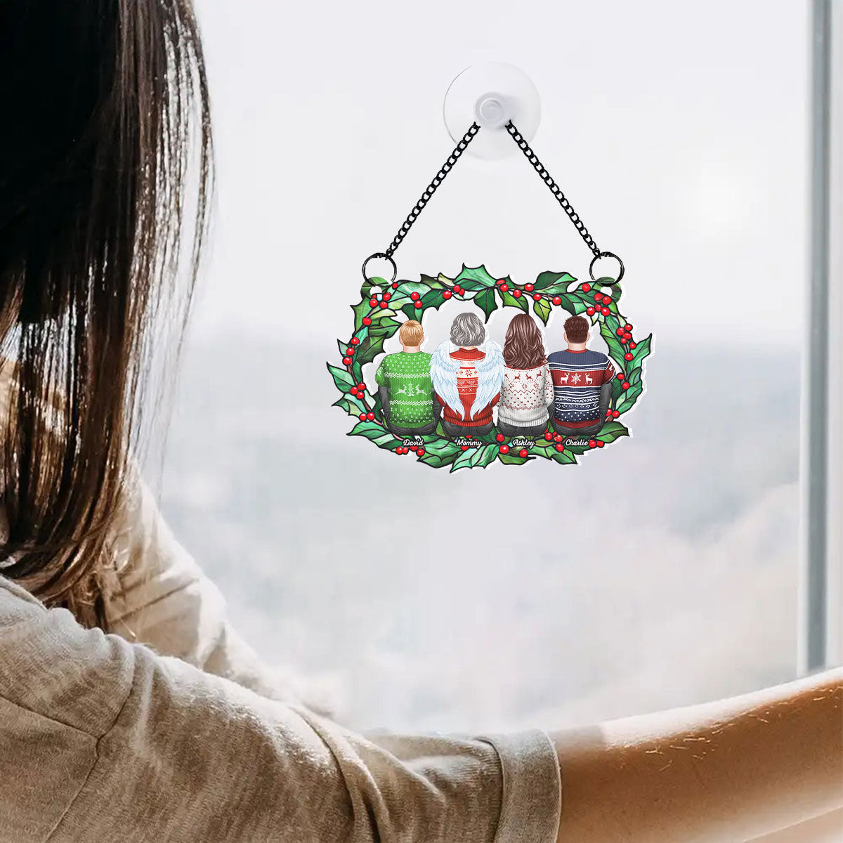 Family Sitting Back View Holly Branch Personalized Suncatcher, Heartfelt Memorial Gift For Your Loved One