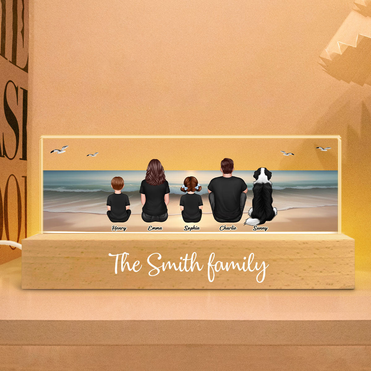 Realistic Beach Landscape Family Sitting Personalized Acrylic Block LED Night Light