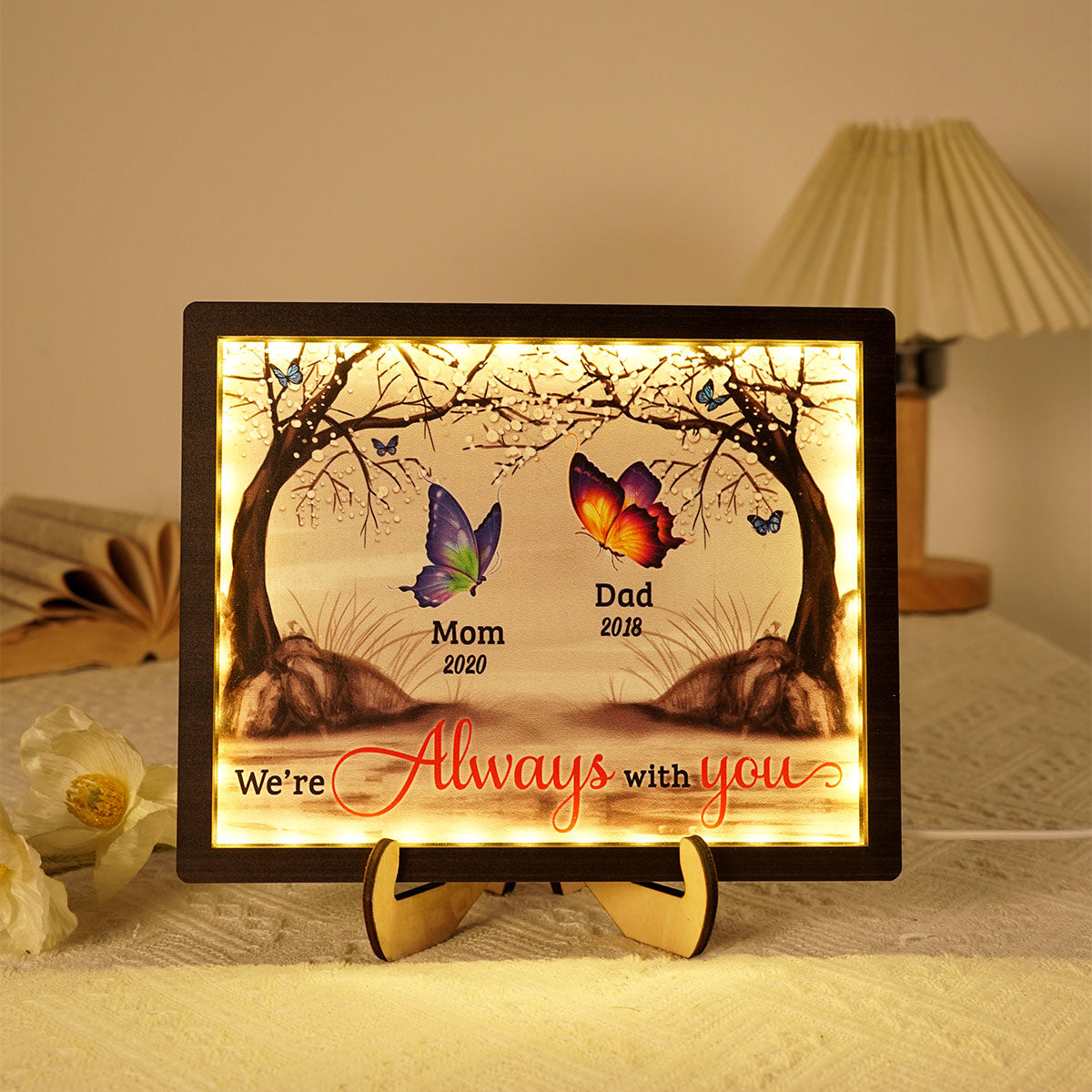 I Am Always With You Cardinals Butterflies Blossom Tree Memorial Personalized 2-Layered Wooden Plaque With LED